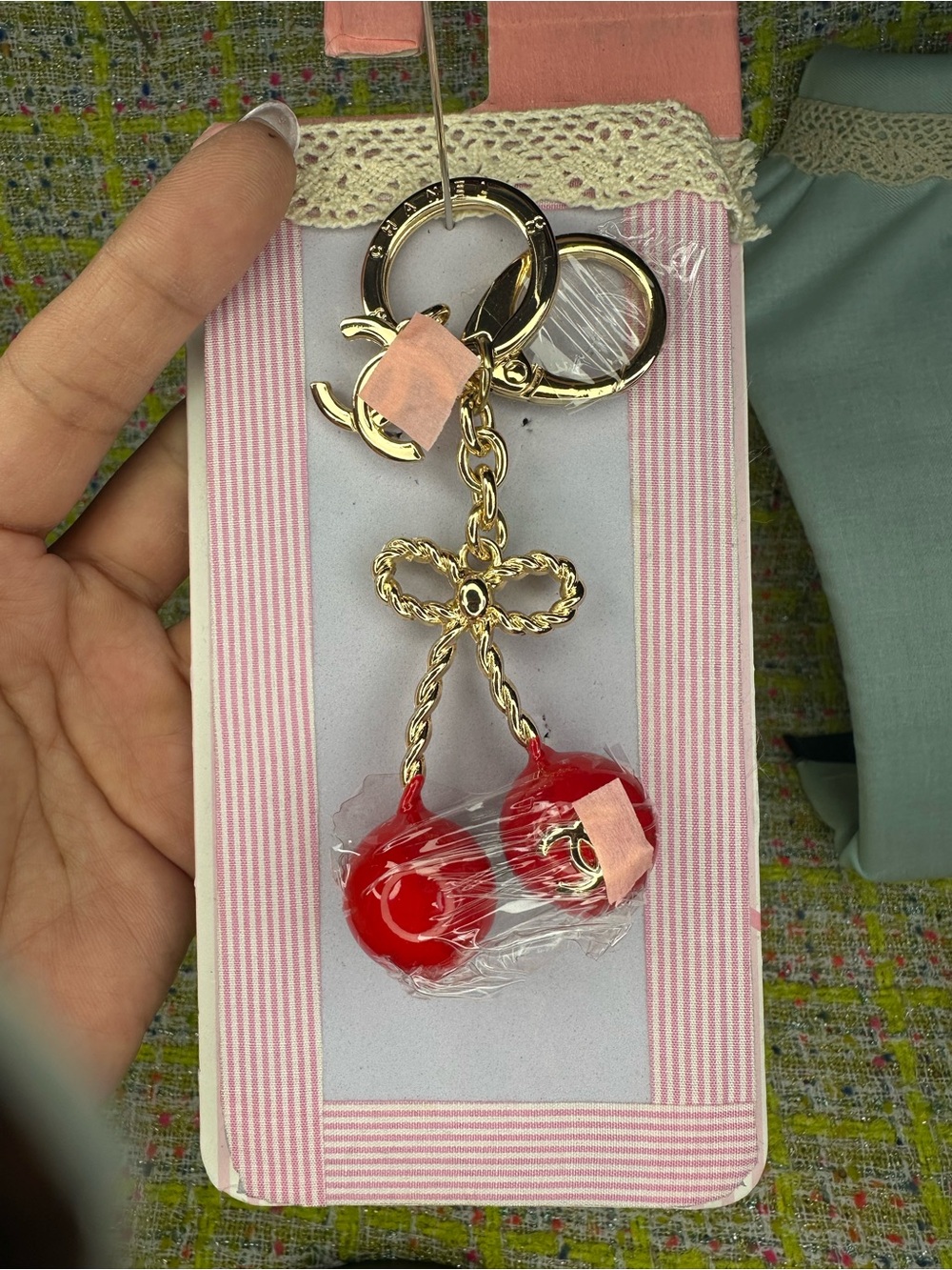 A great Gold Cherry Charm Keychain - Red